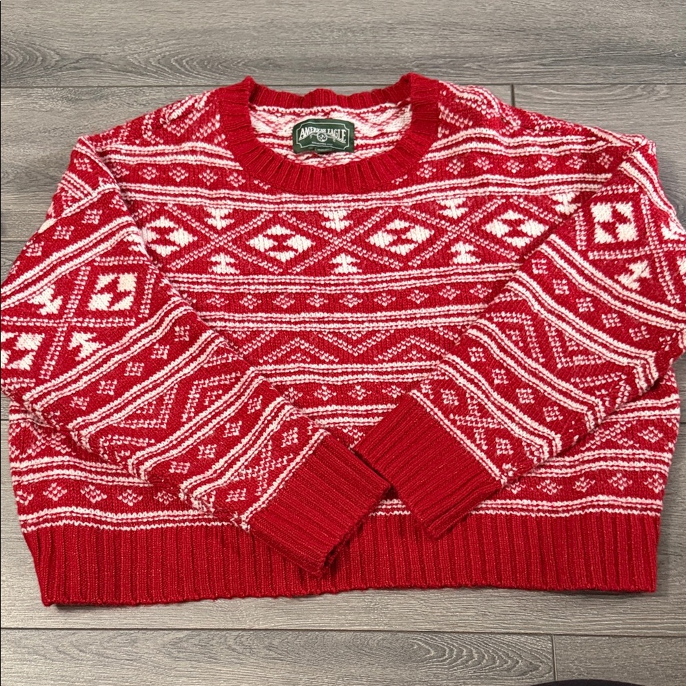 American Eagle Outfitters Red and White Fair Isle Crewneck Sweater